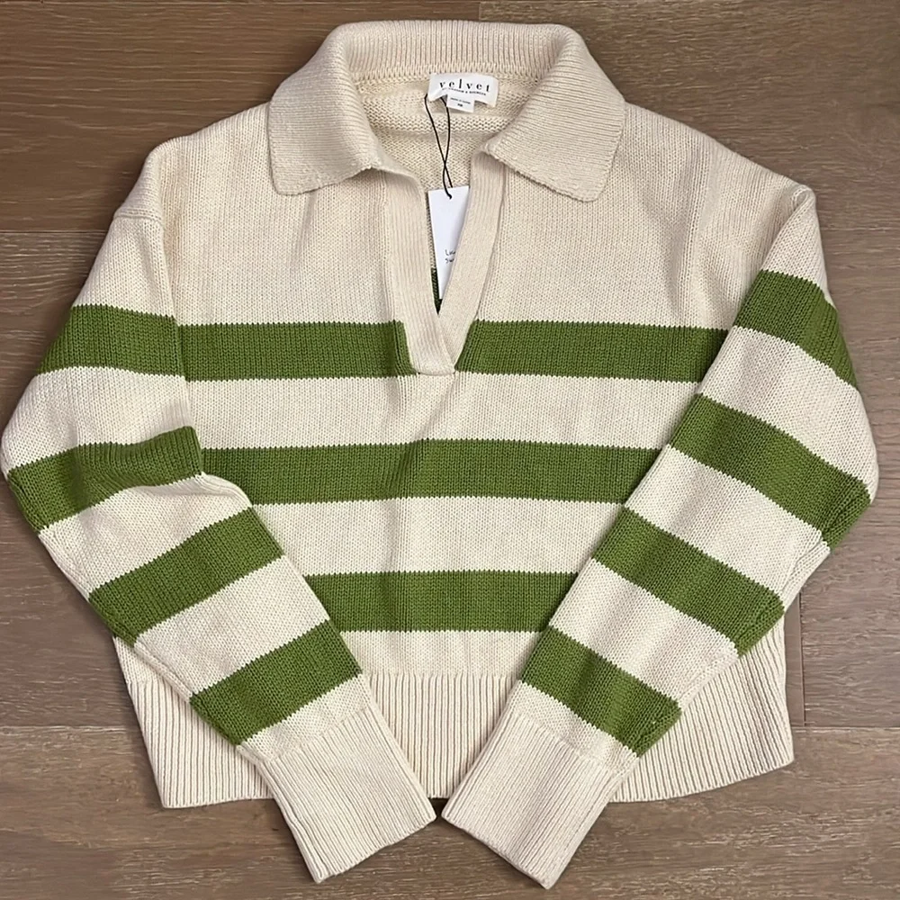 NWT Velvet Women's Lucie Henley Sweater in Cream and Green Stripe size xs